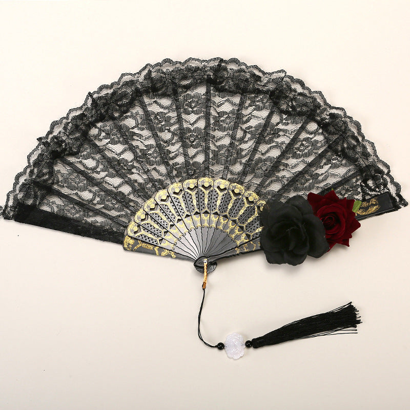 2 Pack Double Rose Obscure Vintage Lace Folding Fans Gothic