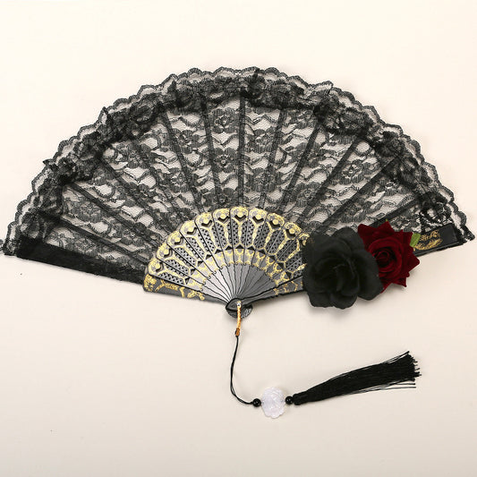 2 Pack Double Rose Obscure Vintage Lace Folding Fans Gothic