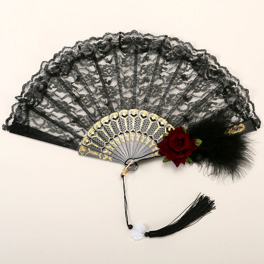 2 Pack Black Feather Wine-Red Rose Lace Vintage Lace Folding Fans