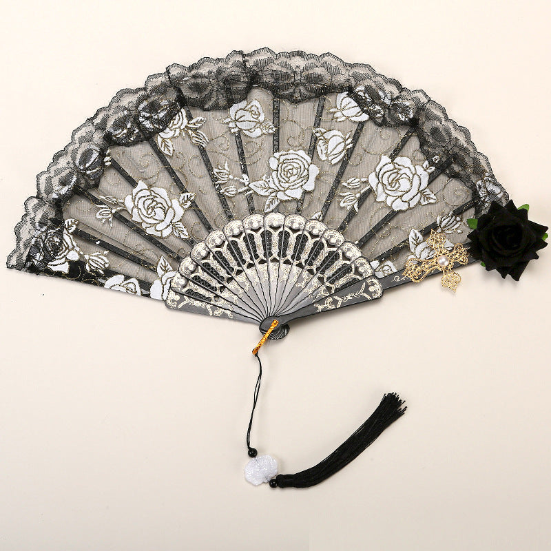 2 Pack Black Lace Black Rose Cross Vintage Lace Folding Fans