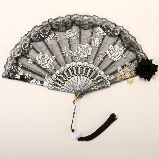 2 Pack Black Lace Black Rose Cross Vintage Lace Folding Fans
