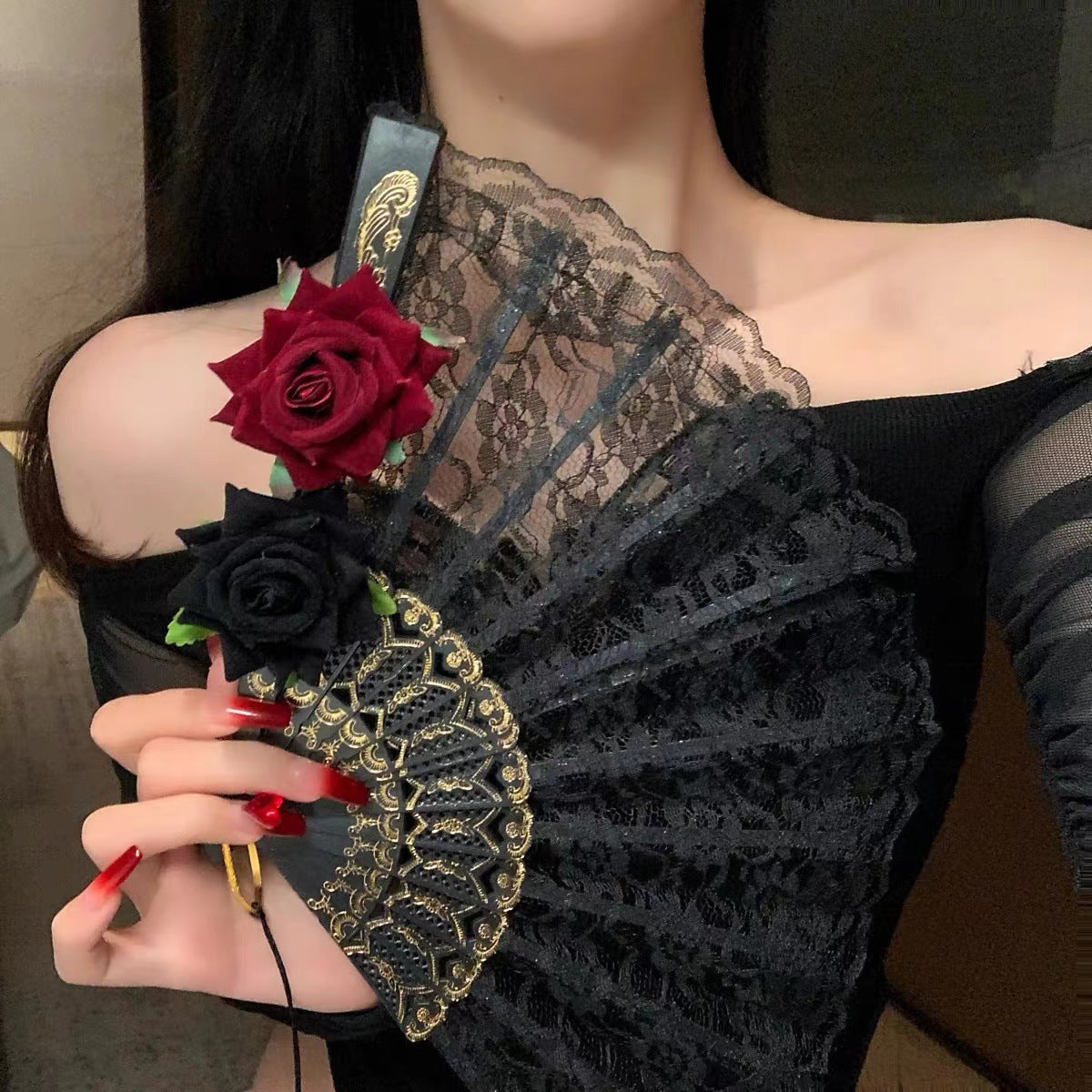 2 Pack Black Lace Black Rose Cross Vintage Lace Folding Fans