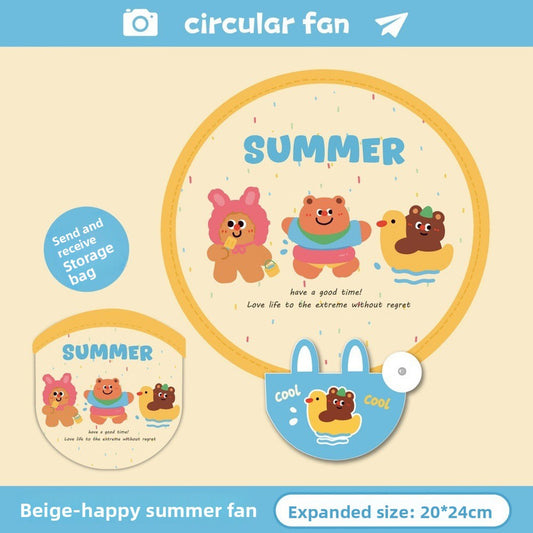 5 Pack Beige Happy Summer Cute Cartoon Folding Hand Fans Portable Mini Circular Fans