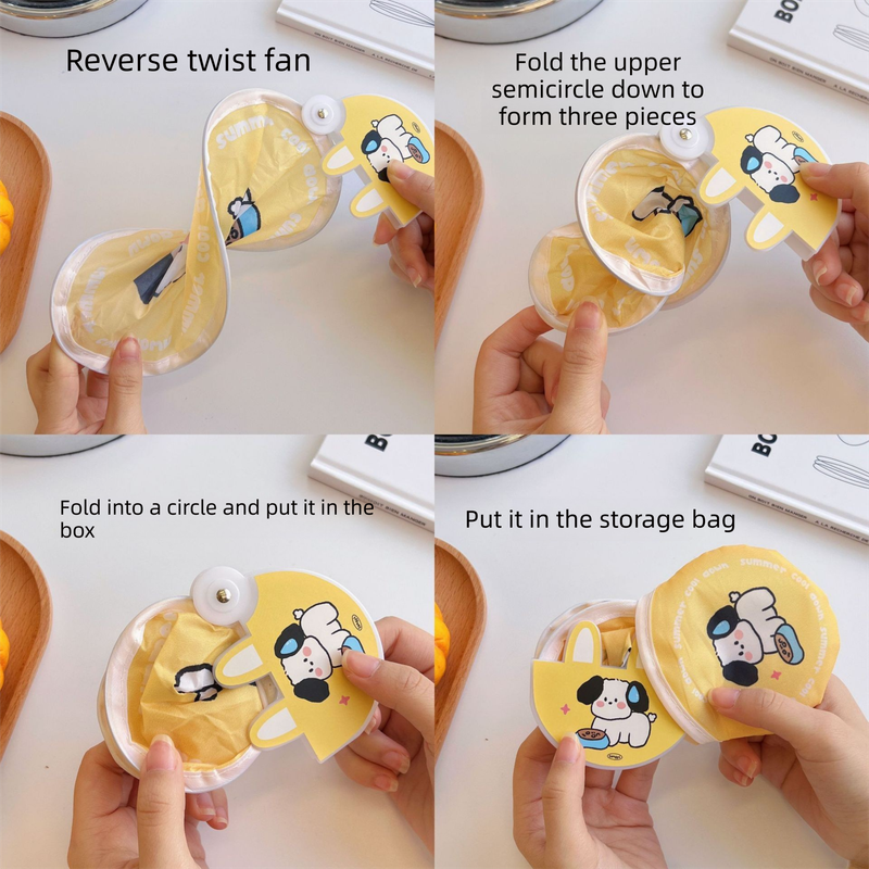 5 Pack Beige Happy Summer Cute Cartoon Folding Hand Fans Portable Mini Circular Fans