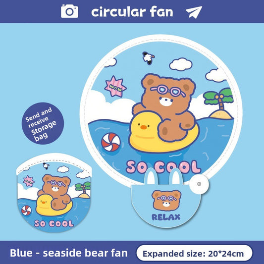 5 Pack Blue Seaside Bear Cute Cartoon Folding Hand Fans Portable Mini Circular Fans