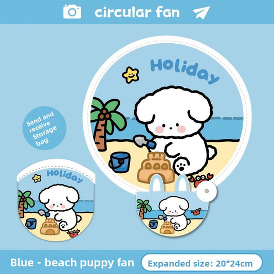 5 Pack Blue Beach puppy Cute Cartoon Folding Hand Fans Portable Mini Circular Fans