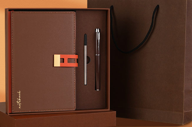 Brown Premium A5 Business Notebook Gift Set with Metal Pen - Soft PU Leather