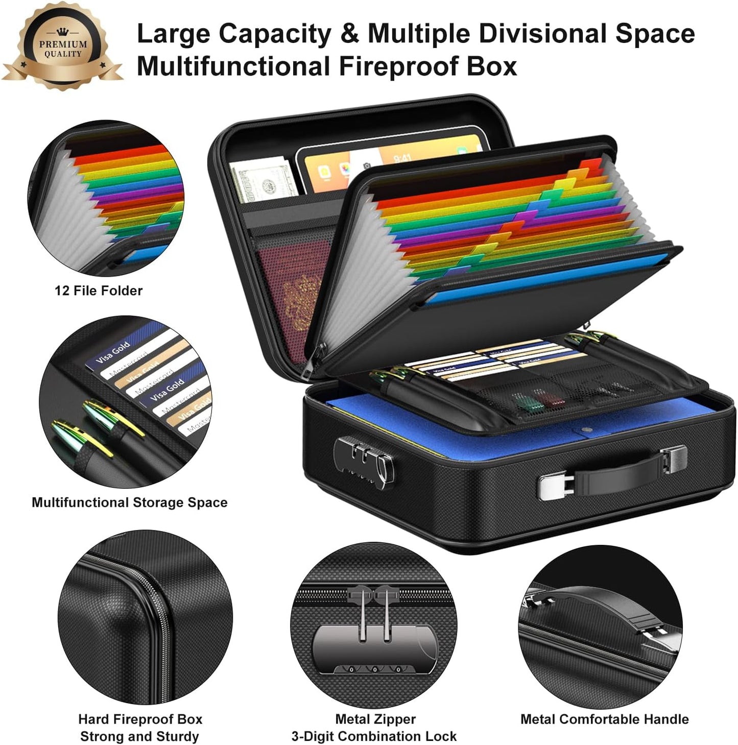 3-Layer Fireproof & Waterproof File Organizer Box with Security Lock