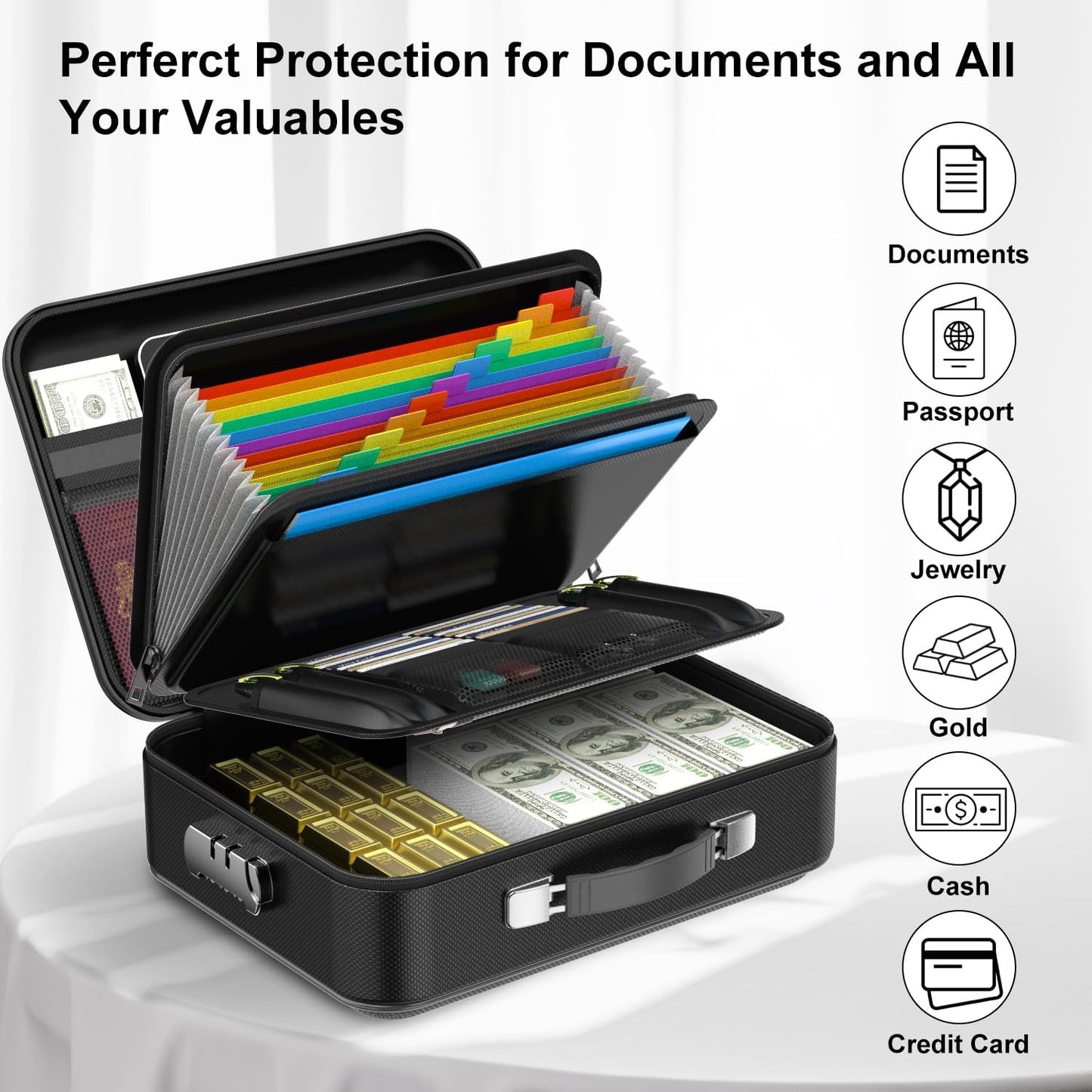 3-Layer Fireproof & Waterproof File Organizer Box with Security Lock