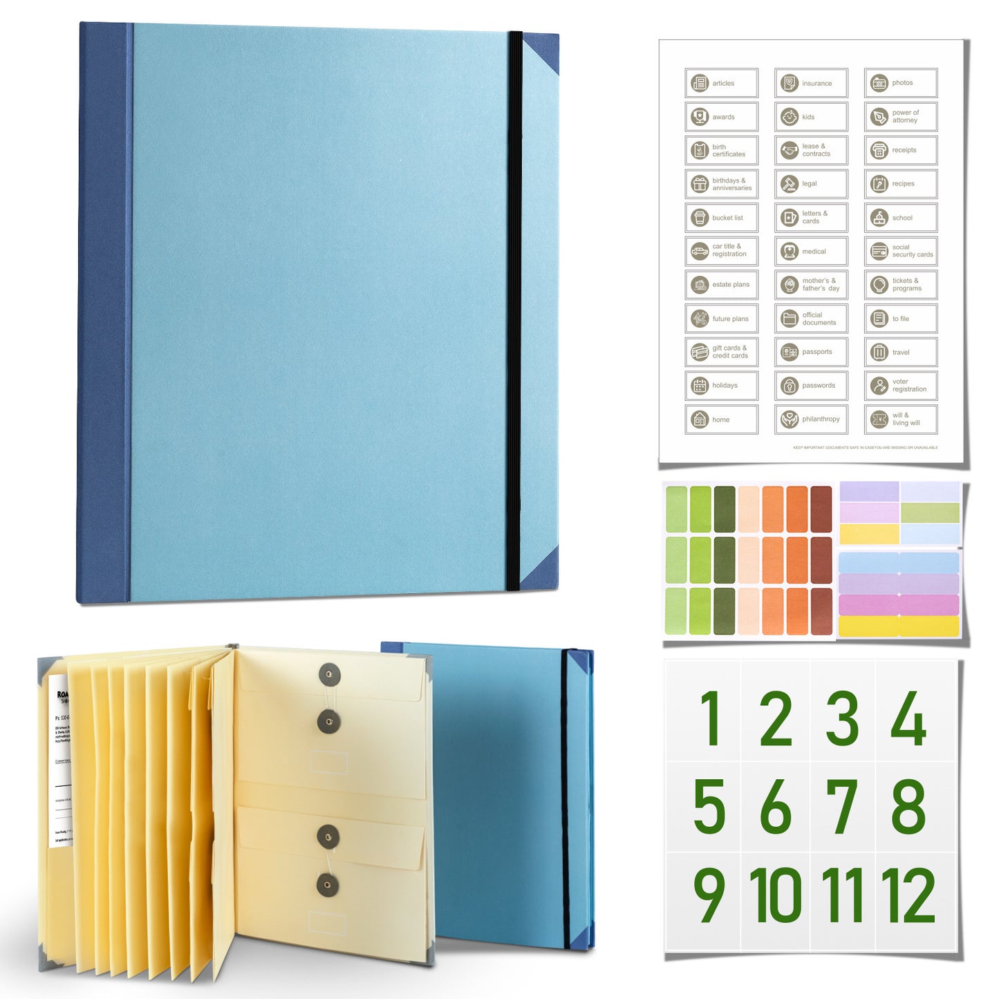 Blue Important Document Organizer Folder with 10 Manila Envelopes