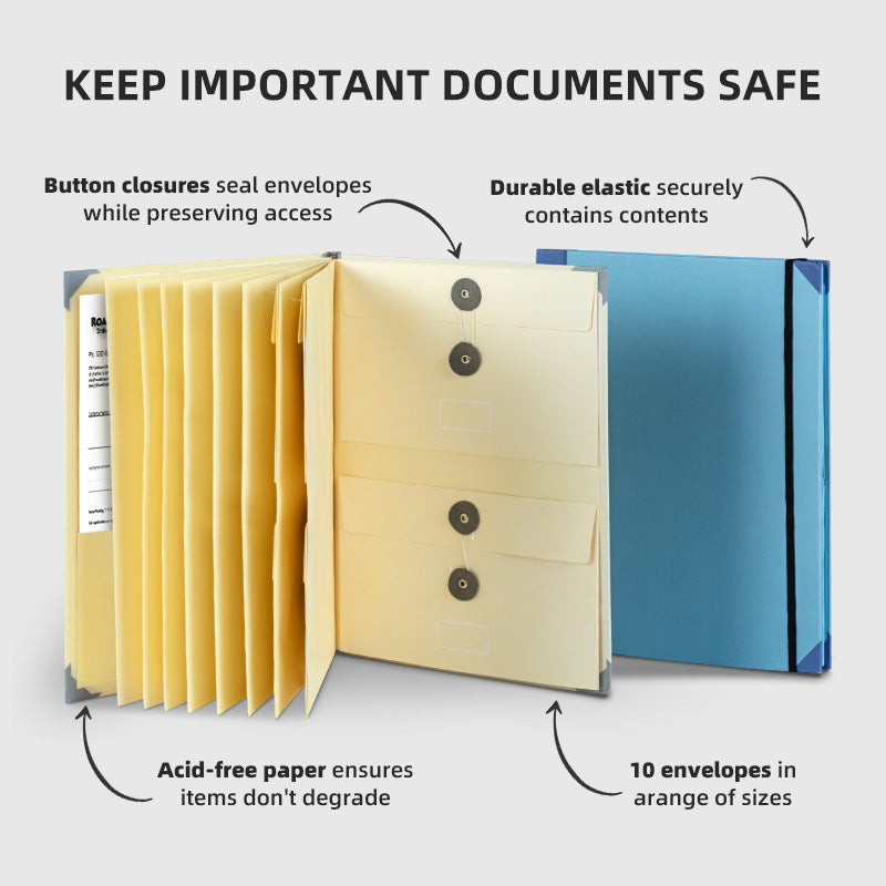 Blue Important Document Organizer Folder with 10 Manila Envelopes