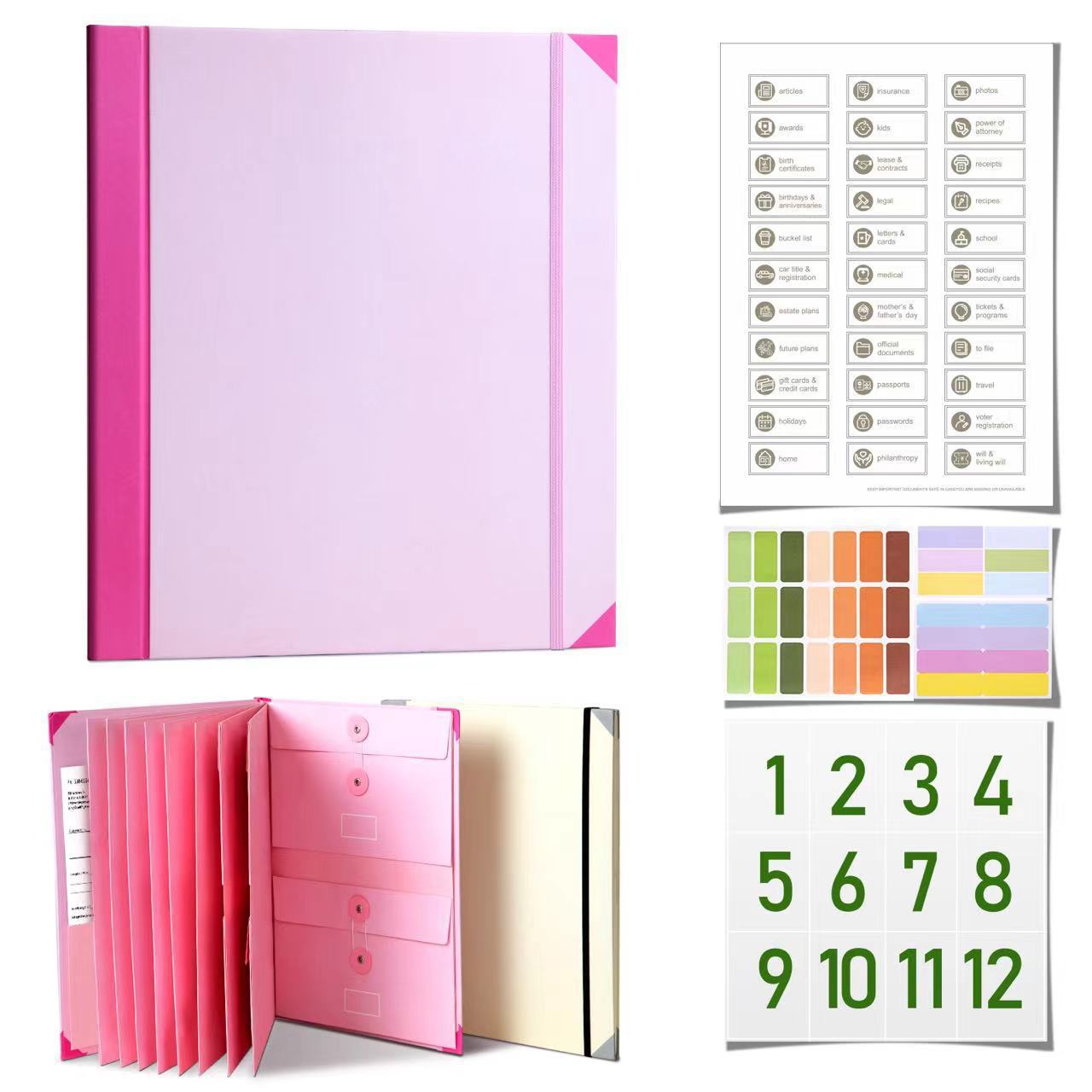 Pink Important Document Organizer Folder with 10 Manila Envelopes