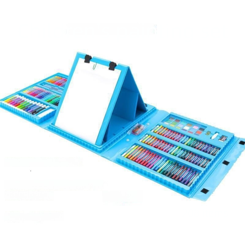 Blue 208-Piece Kids Art Set with Built-in Trifold Easel Drawing and Painting Kit