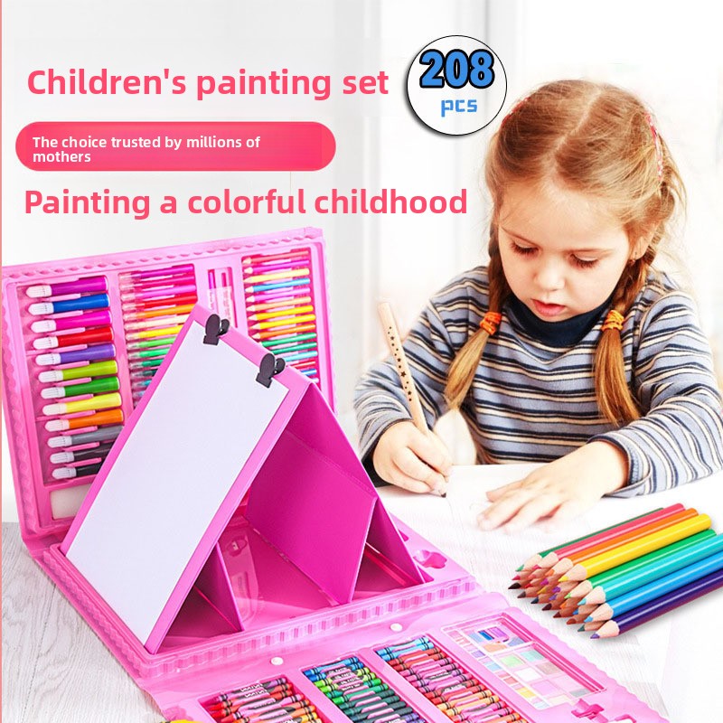 Blue 208-Piece Kids Art Set with Built-in Trifold Easel Drawing and Painting Kit