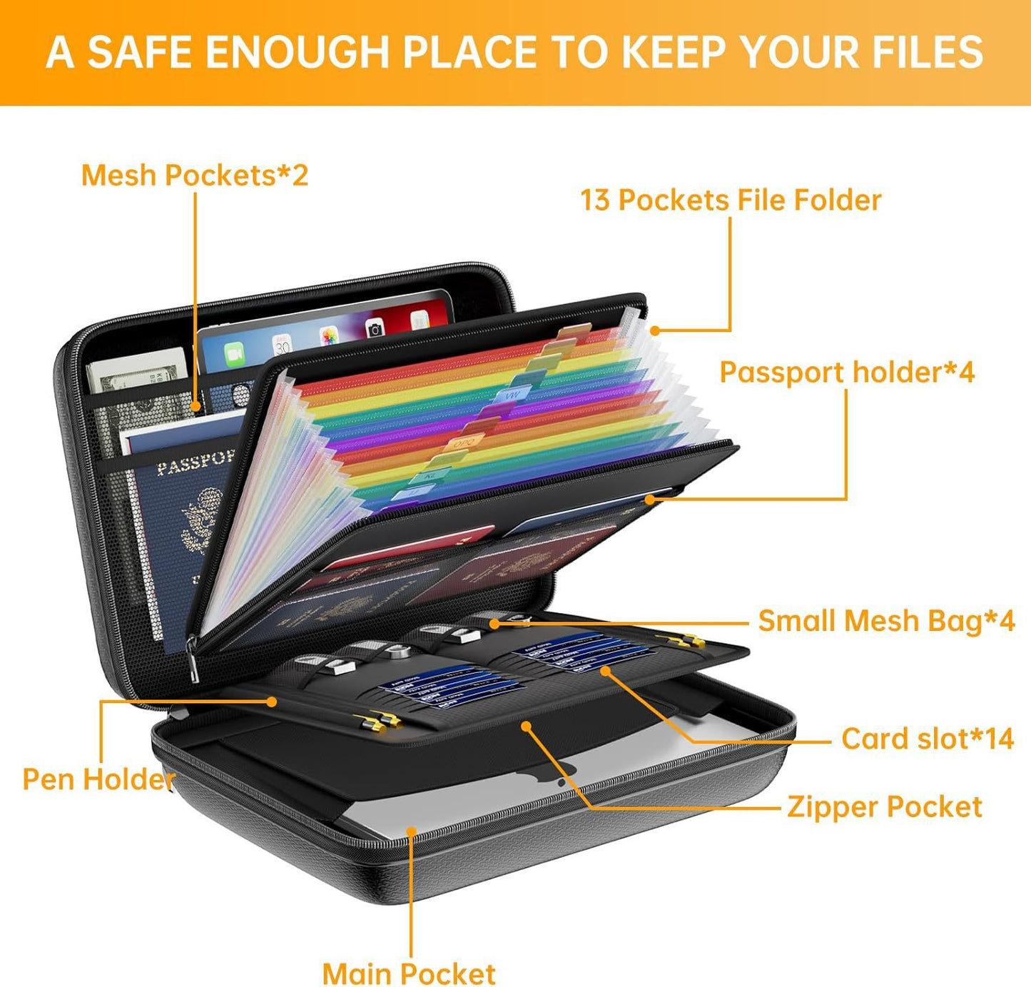 Black Fireproof EVA Hard-Shell File Organizer Briefcase with Combination Lock