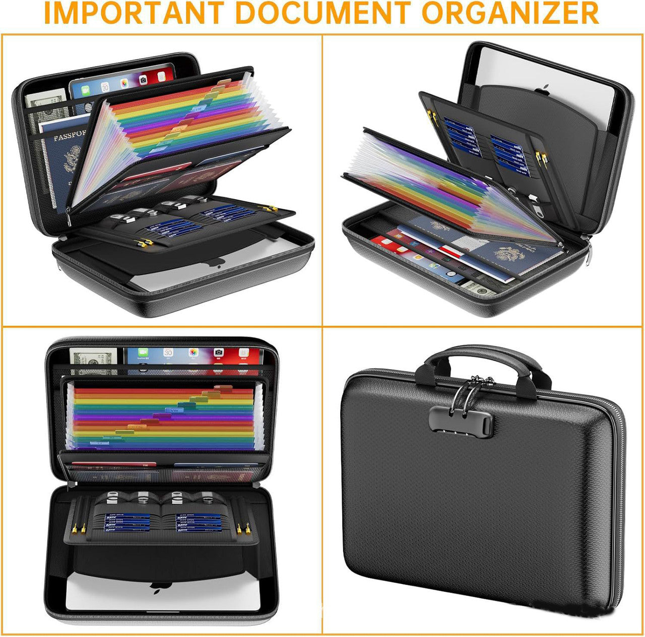 Black Fireproof EVA Hard-Shell File Organizer Briefcase with Combination Lock
