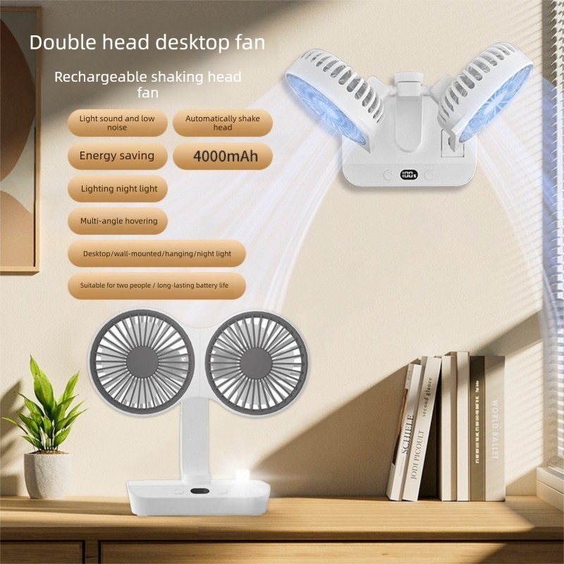 Dual-head Desktop Fan 4000mAh Rechargeable with 4 Speeds
