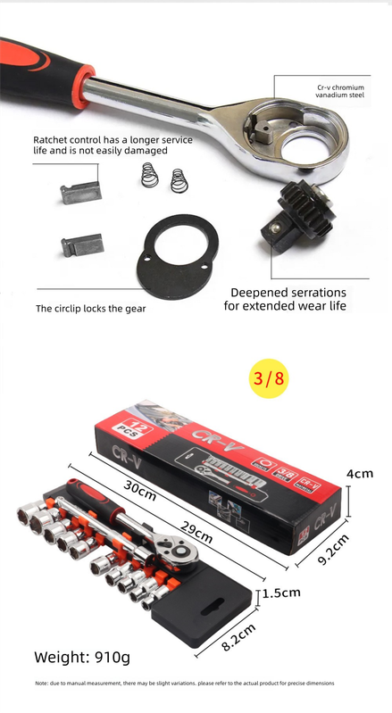12 Piece 3/8 Inch Drive Ratchet and Metric Socket Wrench Set Prof