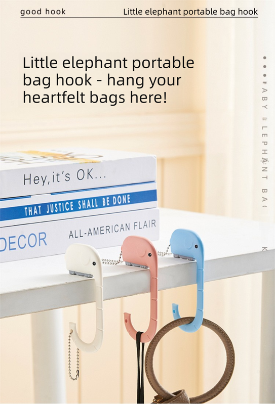 Cartoon Elephant Desk Side Bag Hook White Portable Adhesive Schoolbag
