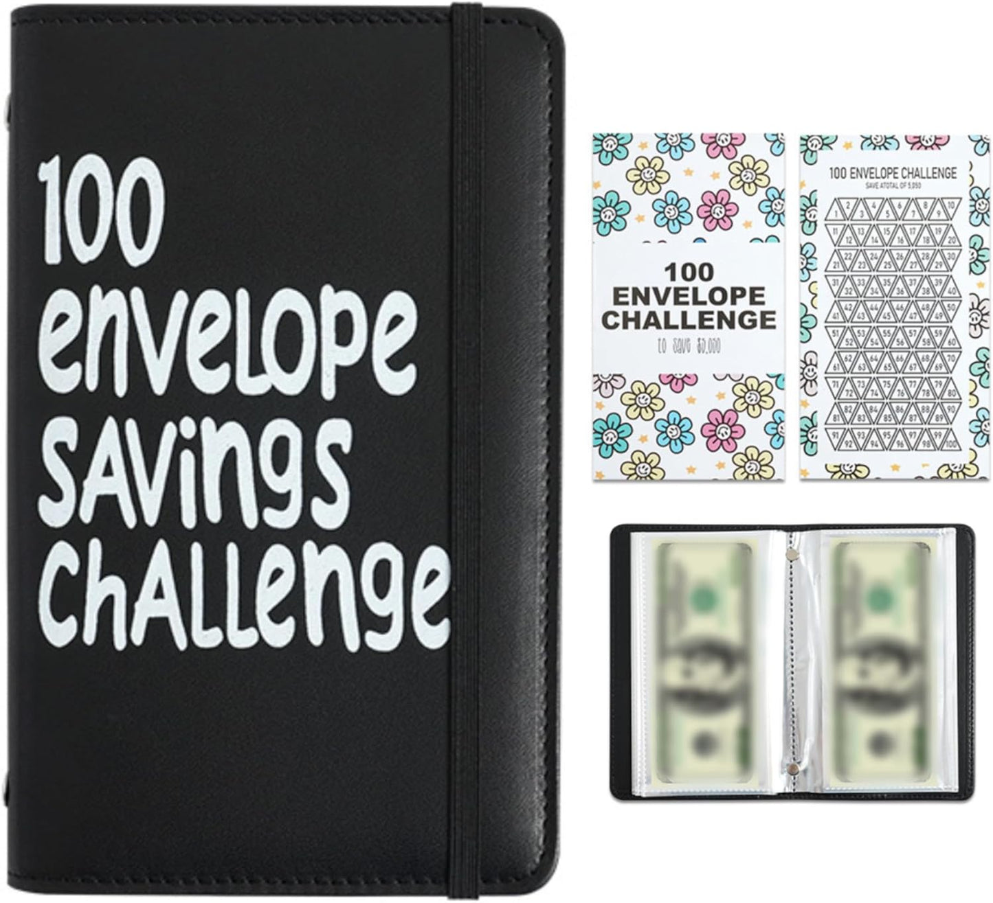 Black 100 Days Envelope Savings Challenge with 50 Clear Pages
