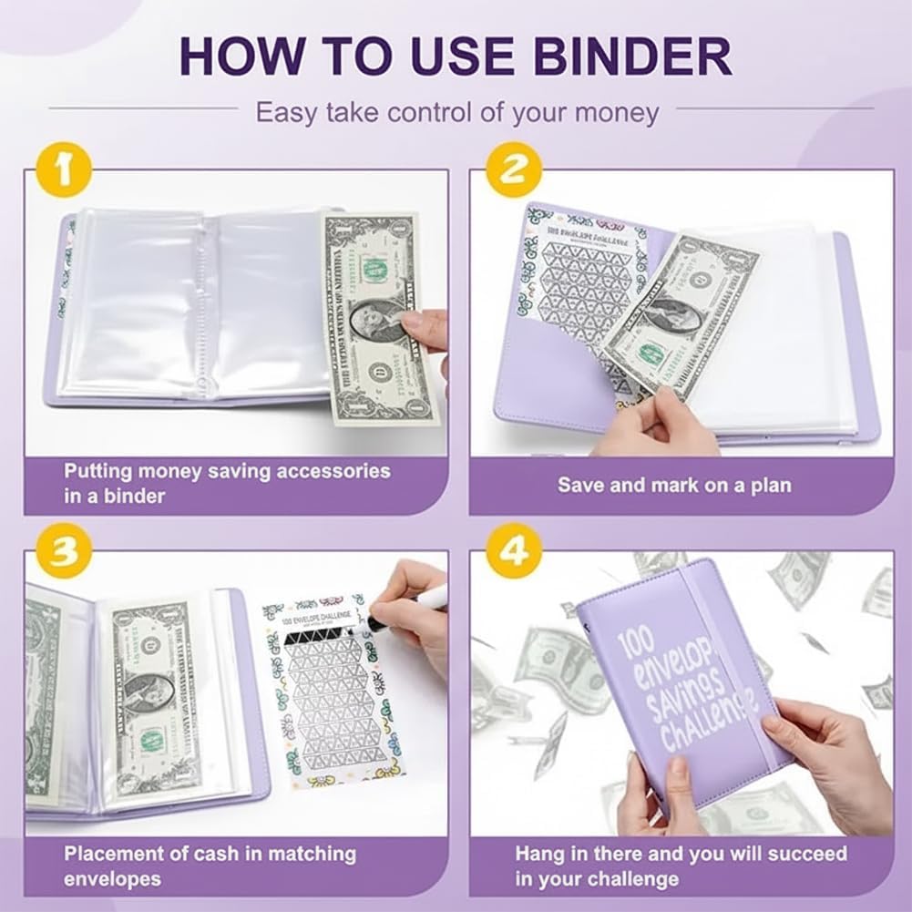 Purple 100 Days Envelope Savings Challenge with 50 Clear Pages