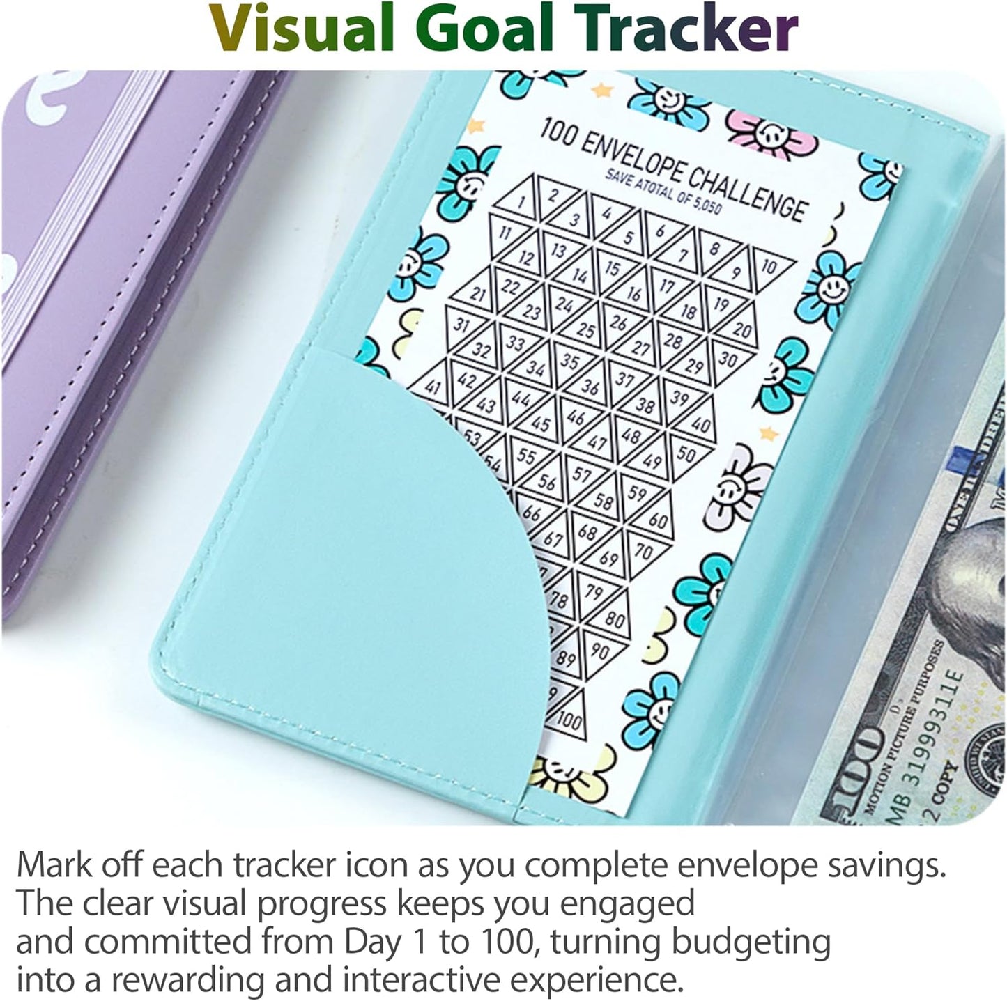 Blue 100 Days Envelope Savings Challenge with 50 Clear Pages