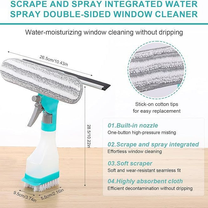 4-in-1 Versatile Window Cleaning Kit (2 Pack) - All-in-One Spray, Squeegee, Brush, and Plush Scrubber