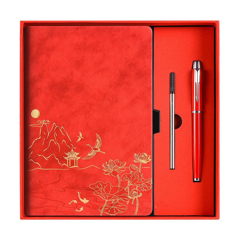 Red A5 Premium Notebook Gift Set with Pen - Red PU Leather Journal