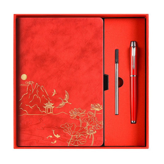 Red A5 Premium Notebook Gift Set with Pen - Red PU Leather Journal