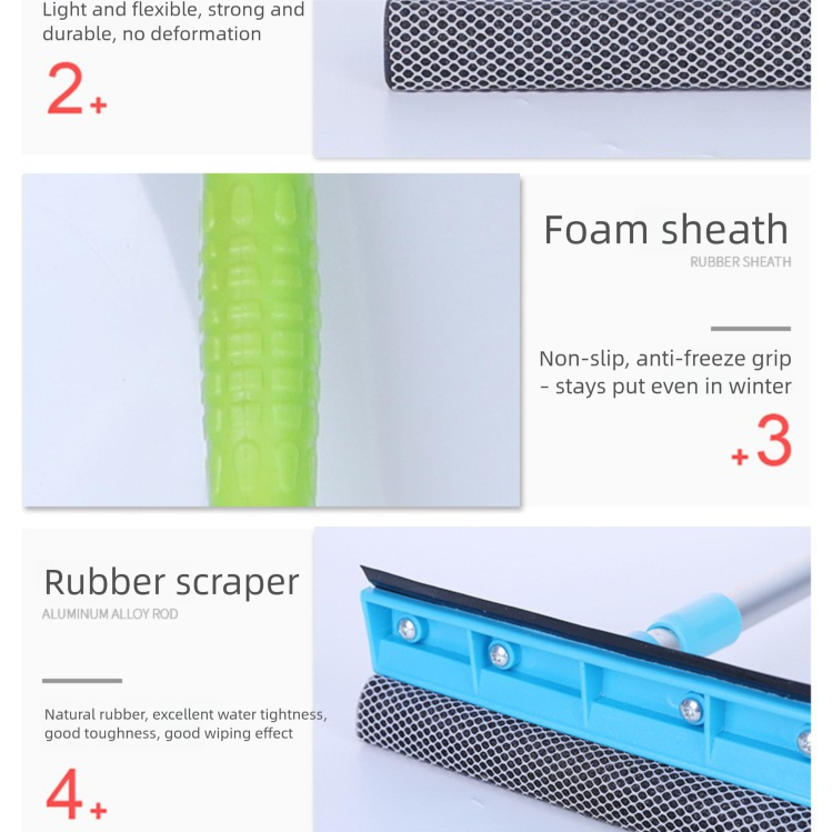 Blue Home Window Cleaner – Adjustable Aluminum Alloy Glass Scraper with Dual-Sided Sponge and Rubber Blade, Easy-to-Use Window Cleaning Tool