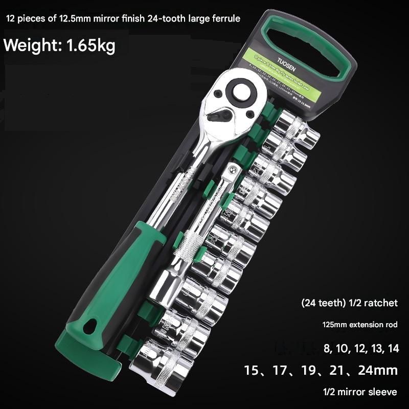 Green 12-Piece 1/2-Inch Drive 24-Tooth Ratchet & Socket Set — High-Carbon Steel