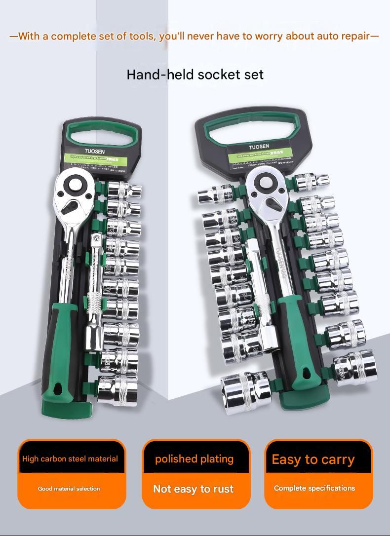 Green 12-Piece 1/2-Inch Drive 24-Tooth Ratchet & Socket Set — High-Carbon Steel