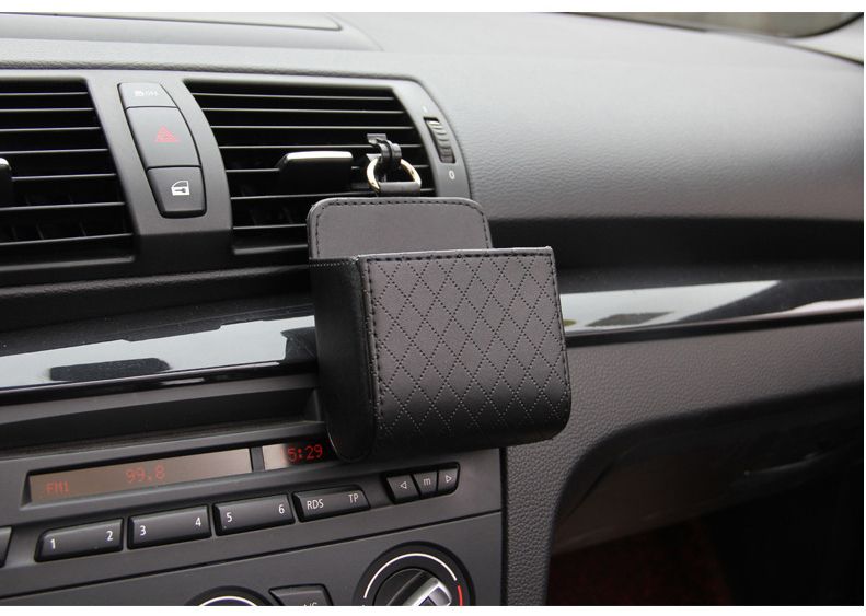 Black Leather Car Air Vent Storage Bag - Multi-Purpose Phone Holder & Organiser