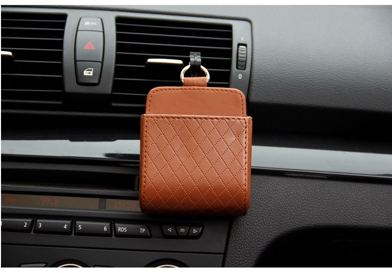 Brown Leather Car Air Vent Storage Bag - Multi-Purpose Phone Holder & Organiser