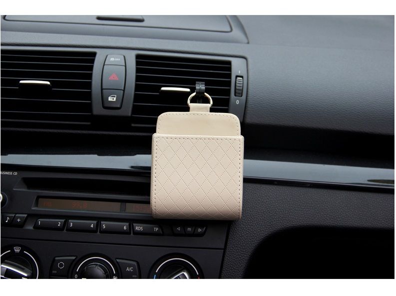 Beige Leather Car Air Vent Storage Bag - Multi-Purpose Phone Holder & Organiser