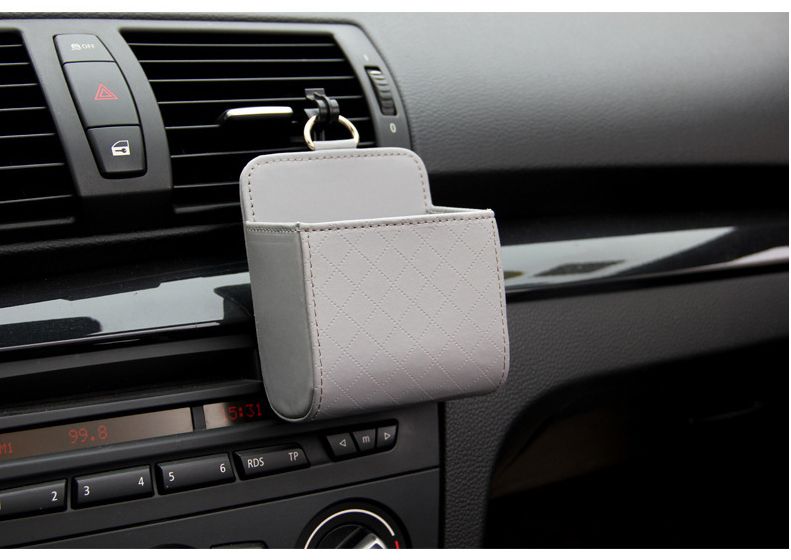 Grey Leather Car Air Vent Storage Bag - Multi-Purpose Phone Holder & Organiser