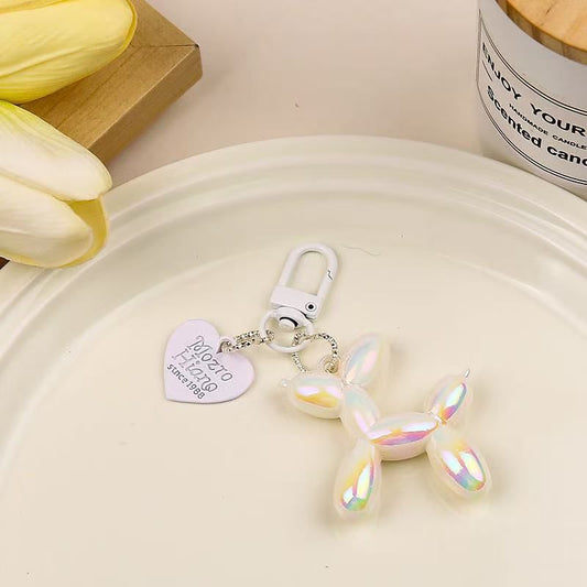 2-Piece White Balloon Dog Keychain Set with Heart Charm Bag Pendant