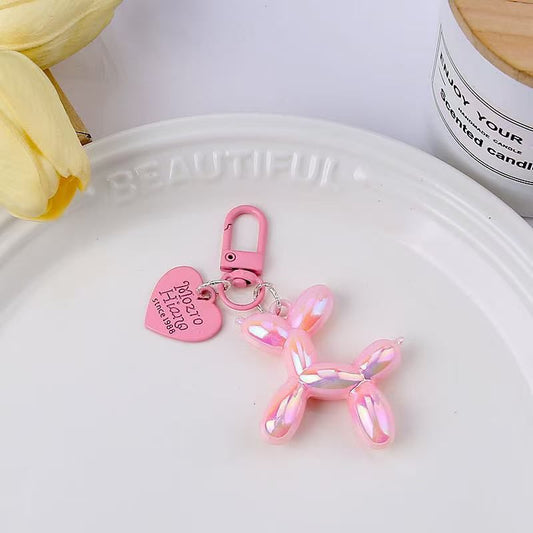 2-Piece Pink Balloon Dog Keychain Set with Heart Charm Bag Pendant