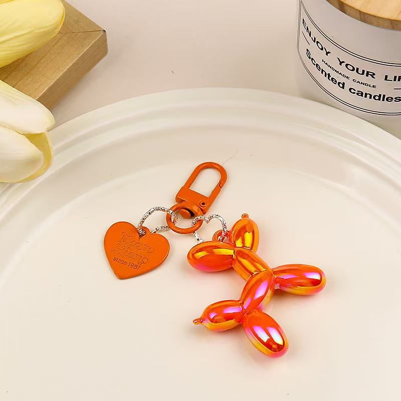 2-Piece Orange Balloon Dog Keychain Set with Heart Charm Bag Pendant