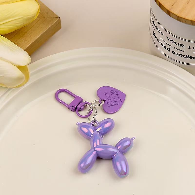 2-Piece Purple Balloon Dog Keychain Set with Heart Charm Bag Pendant