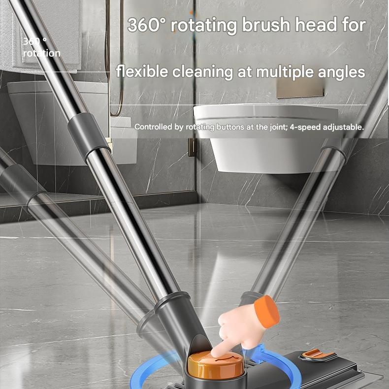 Grey Floor Scrub Brush with V-Shaped Bristles - Rotating Long Handle