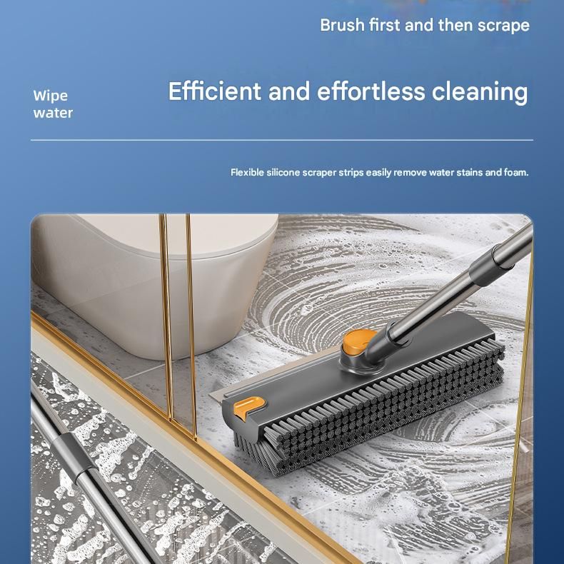 Grey Floor Scrub Brush with V-Shaped Bristles - Rotating Long Handle