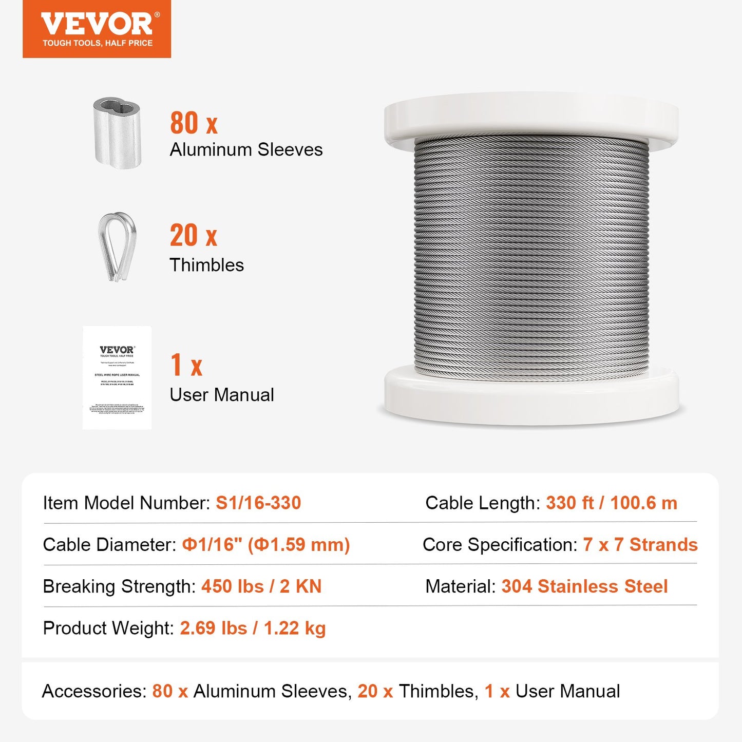 VEVOR Wire Rope Kit, 304 Stainless Steel Cable with 80 Sleeves