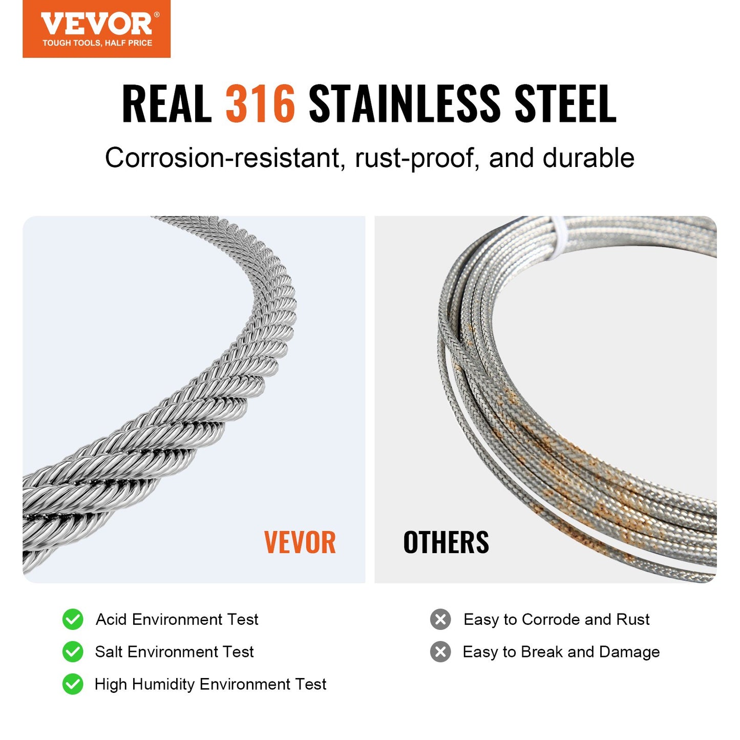 VEVOR Wire Rope Kit, 3.18 mm 305 m 316 Stainless Steel Cable