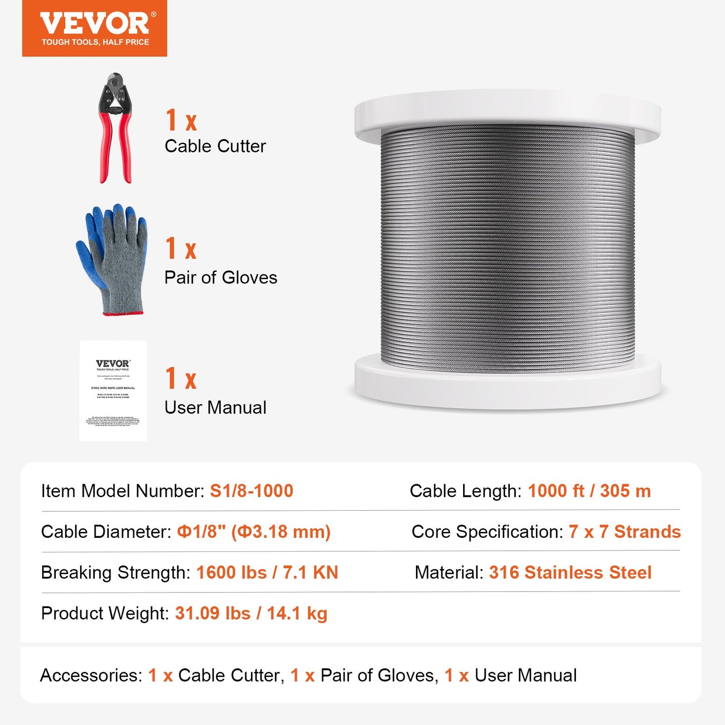 VEVOR Wire Rope Kit, 3.18 mm 305 m 316 Stainless Steel Cable