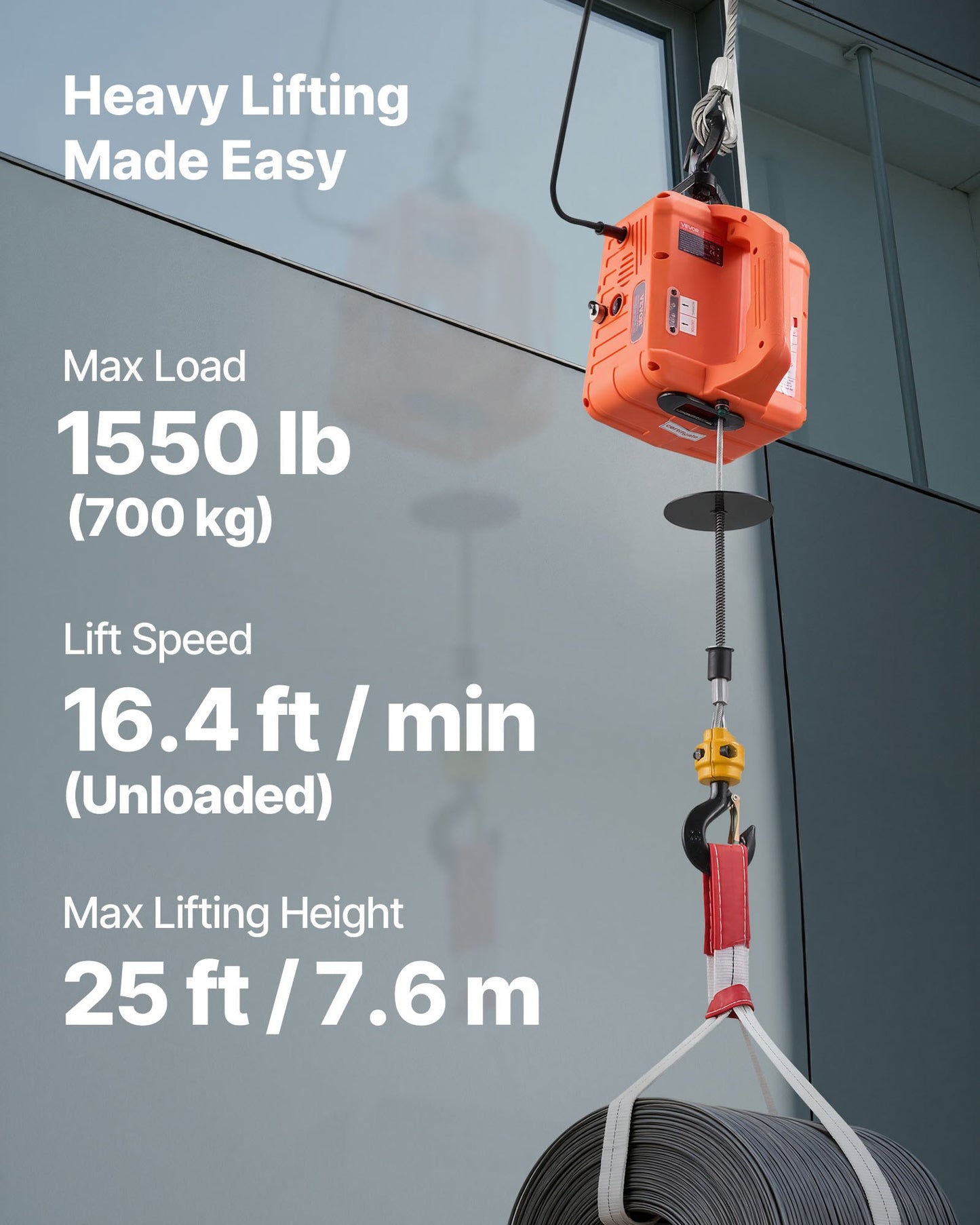 VEVOR 3-in-1 Electric Hoist Winch, 700 kg Capacity, 1500W