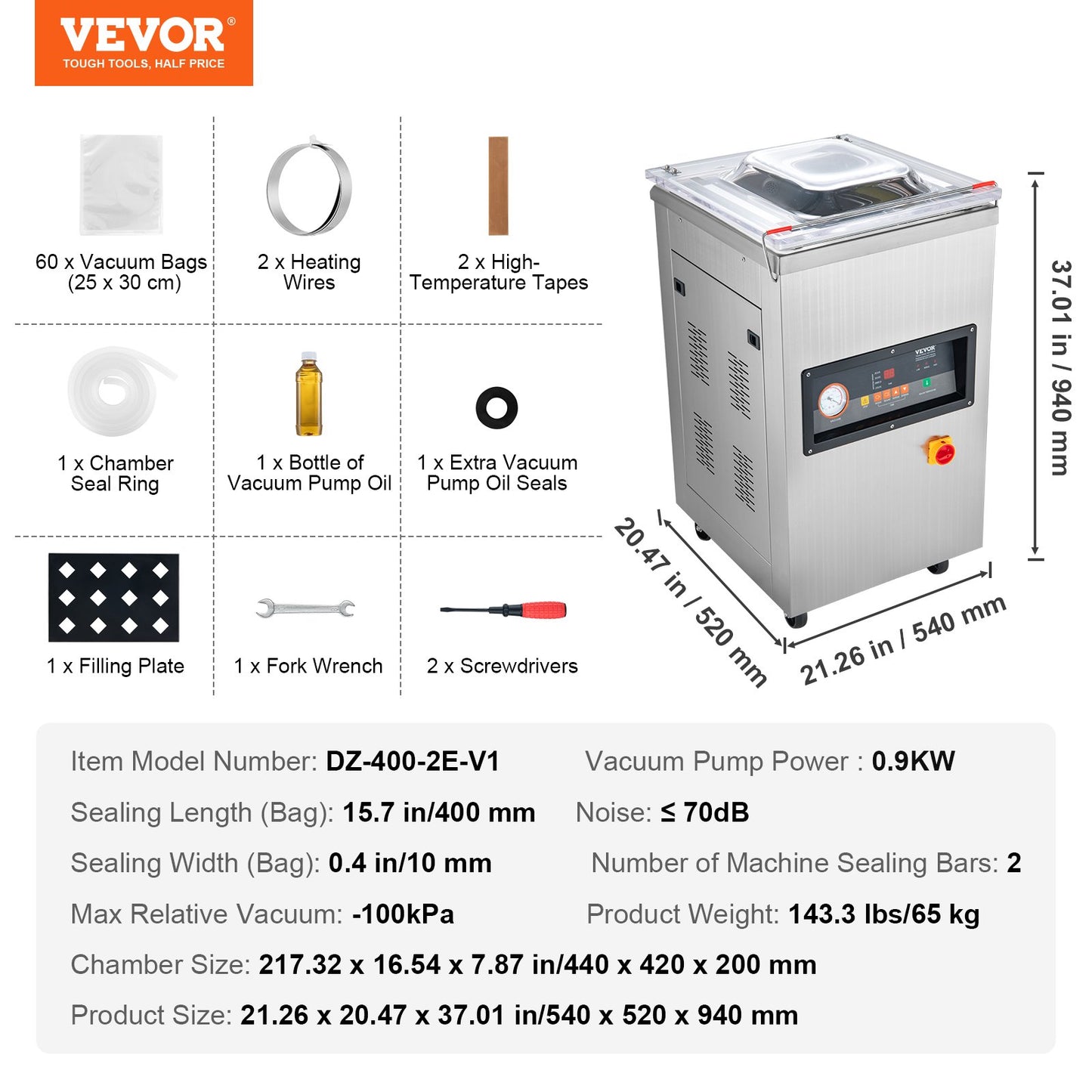 Vevor DZ-400/2E Automatic Extra Deep Food Vacuum Sealing Packing Machine 220V
