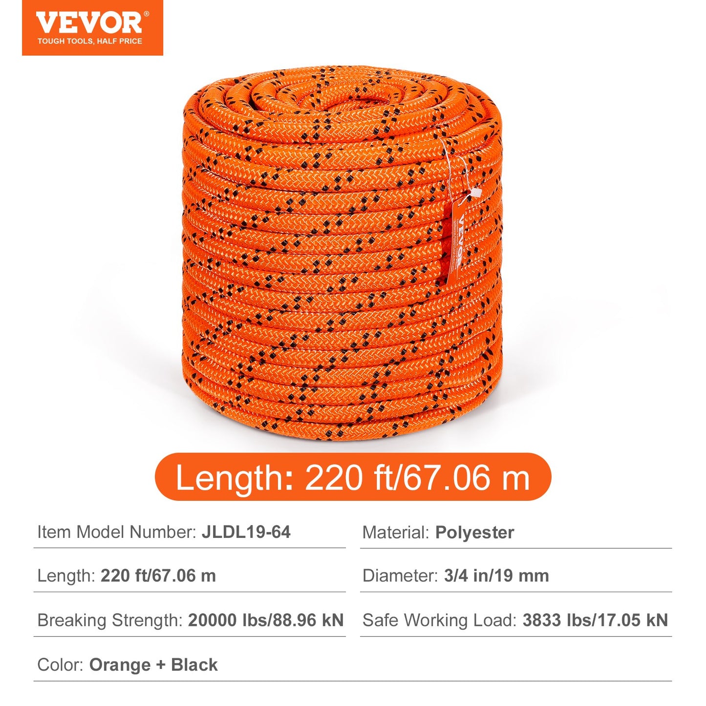 VEVOR Double Braided Polyester Rope, 19 mm x 67.06 m, 24 Strands