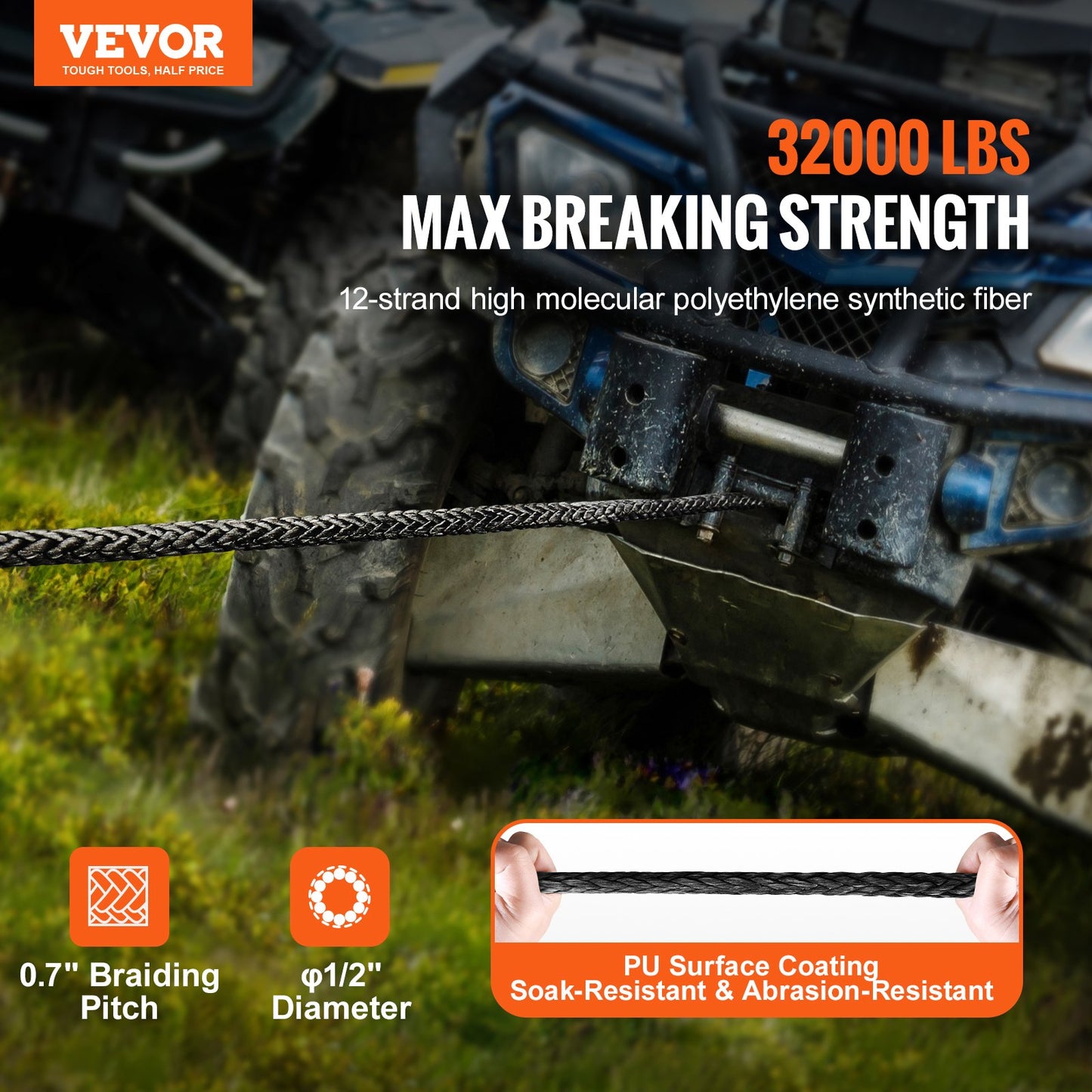 VEVOR Synthetic Winch Rope, 12.7 mm x 28 m, 142.3 kN