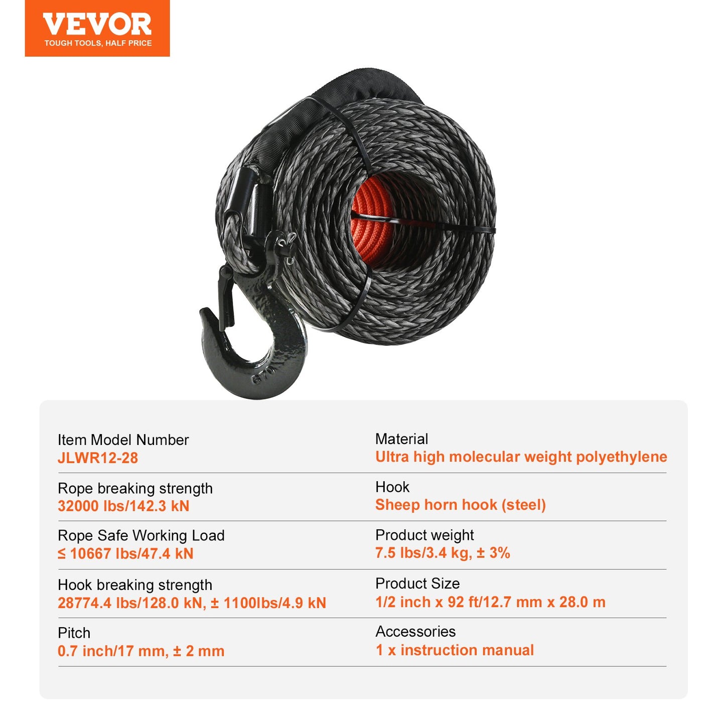 VEVOR Synthetic Winch Rope, 12.7 mm x 28 m, 142.3 kN
